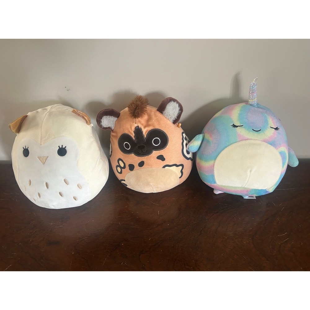 3 Squishmallows Plush Toys Owl Hyena Narwhal Stuffed Animals‎ Kids Gifts